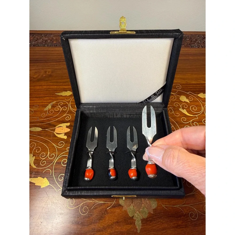 Vintage Rafaella Pitti Huayruro Seed Cocktail Forks Set w/ Box Bolivia
